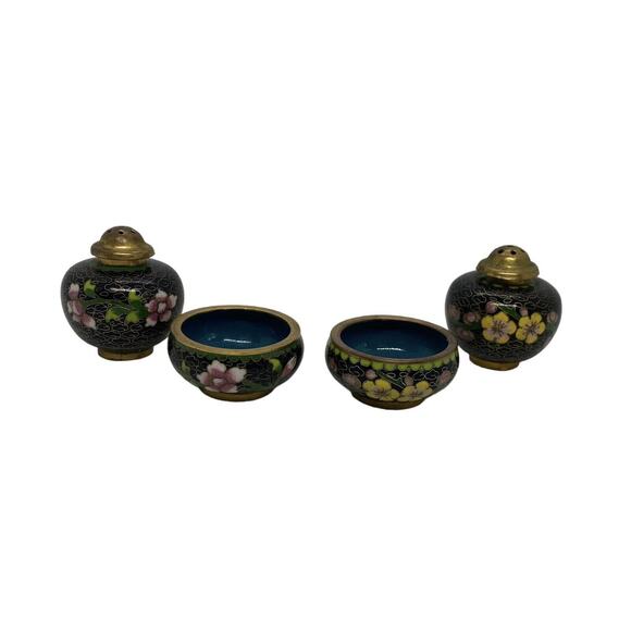 Vintage Set Chinese Black Cloisonné Salt Cellar Pepper Shaker Flowers Design - Picture 3 of 16